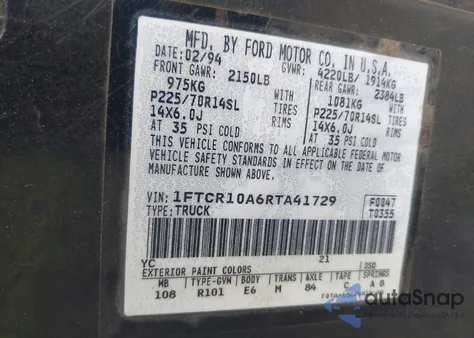 1994 Ford Ranger из США, поврежденный, VIN 1FTCR10A6RTA41729